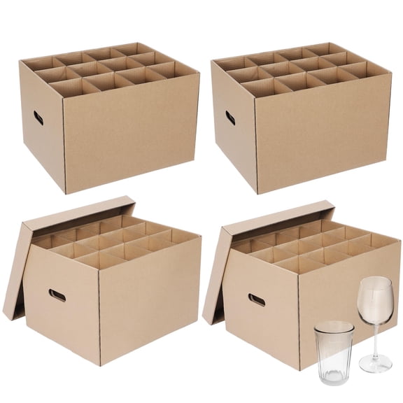 Brown 15 x 12 x 10 Inches 4 Pack Wine Moving Boxes with Handle Kit Lid for Dish Glassware