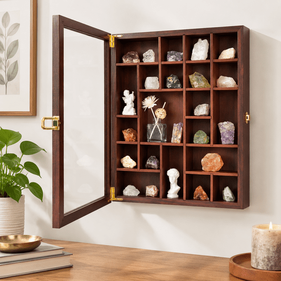 Brown 16"x13.5"x3.2" Wall Mount Tabletop Shadow Box Display Case with Shelves