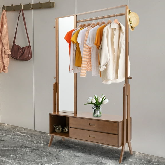 Brown 169cm Bamboo Hall Tree Storage Stand W/ Mirror Entry Bench Coat Rack Brown