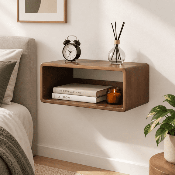 Brown 18”x 10”x 7.5” Wall Mounted Pine Wood Floating Nightstand Bedroom Furniture
