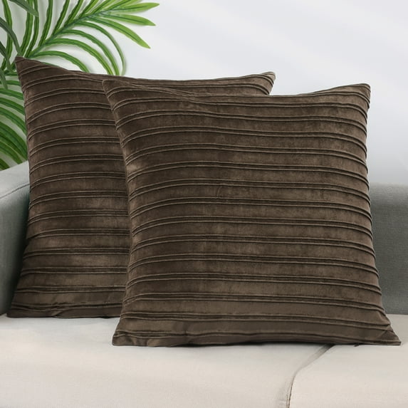 REGALWOVEN Thick Velvet Striped Pillow Covers, 2 Pcs Pleated Front Cushion Covers for Office and Home Brown 18" x 18"