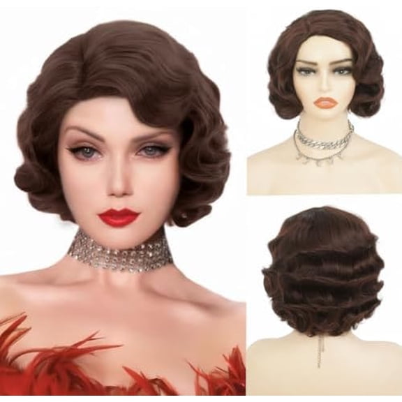 Brown 1920s Wigs for Women Finger Wave Wig  Wigs Lady Synthetic Fiber Wig for Halloween  Daily Use