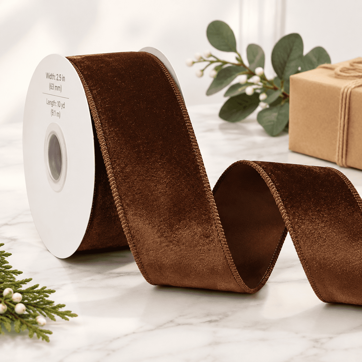 Brown 2-1/2 Inch Wired Polyester Ribbon for Gift Wrapping and Crafts ...
