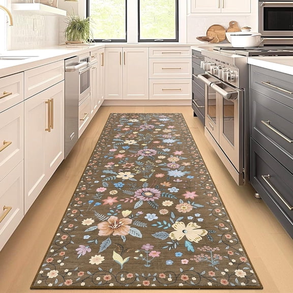 Brown 26ft Ultra-Thin Floral Kitchen Hallway Runner Rug Non-Slip Soft Indoor Bedroom Floor Mat