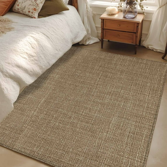 Brown 2.7x5 Area Rugs, Farmhouse Burlap Solid Beige Color Modern Linen Texture Non-Skid Rubber Backing Large Rectangle Rugs - Living Room Bedroom Home Office, Indoor Floor Mat Carpets Washable Rug