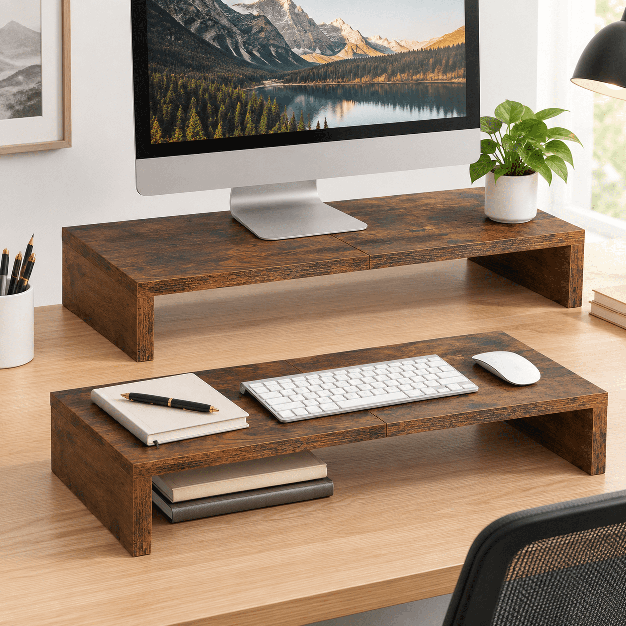 Computer Sdreem Riser Brown 2 Pack-20 Inch Wooden Monitor Stand Riser Desk Organizer ...