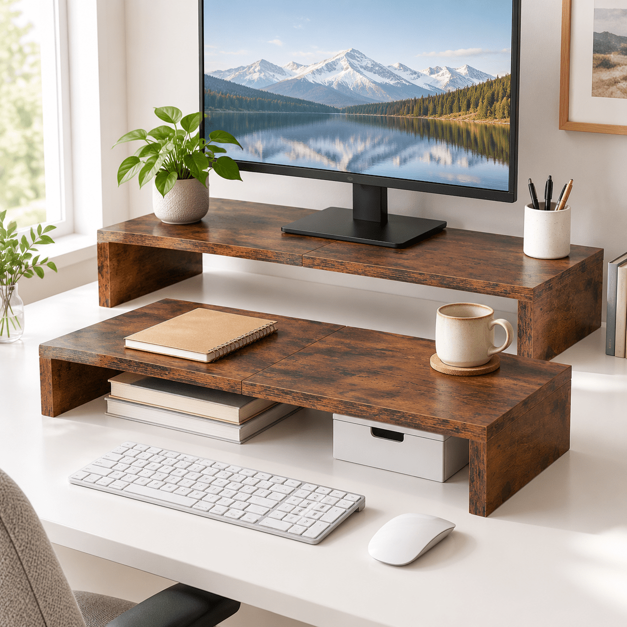 Desk Monitor Rack Brown 2 Pack-20 Inch Wooden Monitor Stand Riser Desk Organizer ...