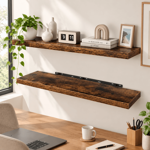 Brown 2-Pack Floating Wall Shelves 47"W x 9.3"D Rustic Wood Grain for ...