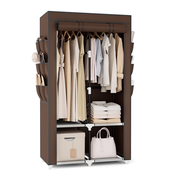 Brown 2 Row - 34.5'' Wide Portable Closet Wardrobe For Hanging Clothes