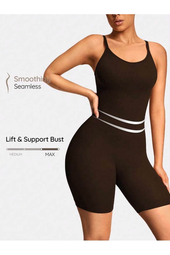 Brown-2 Seamless Smoothing Shapewear Bodysuit With Spaghetti Straps