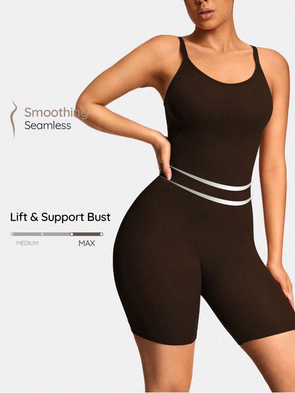 Brown-2 Seamless Smoothing Shapewear Bodysuit With Spaghetti Straps
