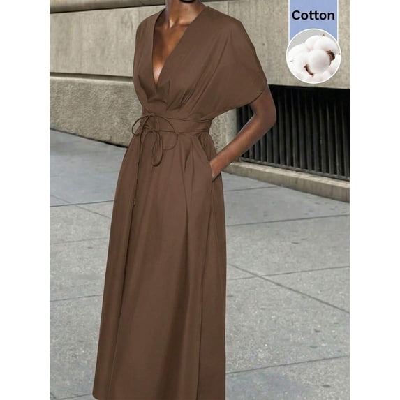 Brown-2 V-Neck Wrap Maxi Dress With Tie Waist And Kimono Sleeves