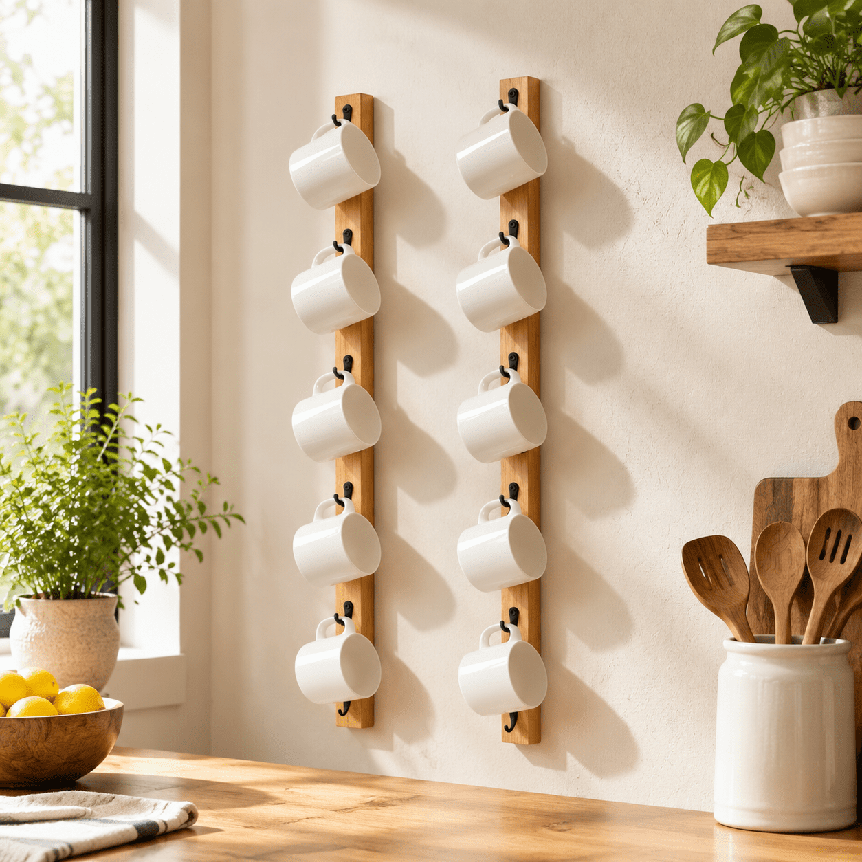 Brown 2 Wooden Wall Mounted Mug Tree Storage Rack For Kitchen ...
