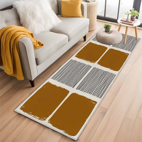 Brown 2'x6' Runner Rugs for Hallway Kitchen Bedside Non Slip Washable, Modern Painting Farmhouse Striped Abstract Art Entryway Rug Runners with Rubber Backing, Long Carpet Runner for Laundry Room