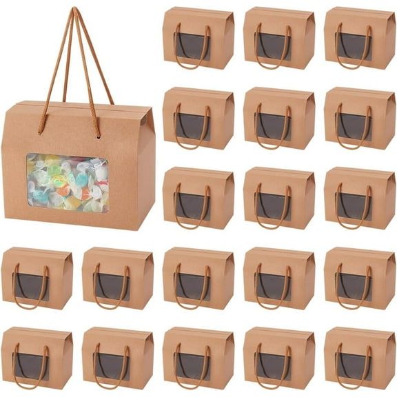 Brown 20 Packs Kraft Paper Stand Up Gift Box Bags 5.9x3.5x4.7 Inch BurlyWood Cupcakes Cookies Box with Clear Window and Handle for Packaging Retail Party Gifts Wedding Business