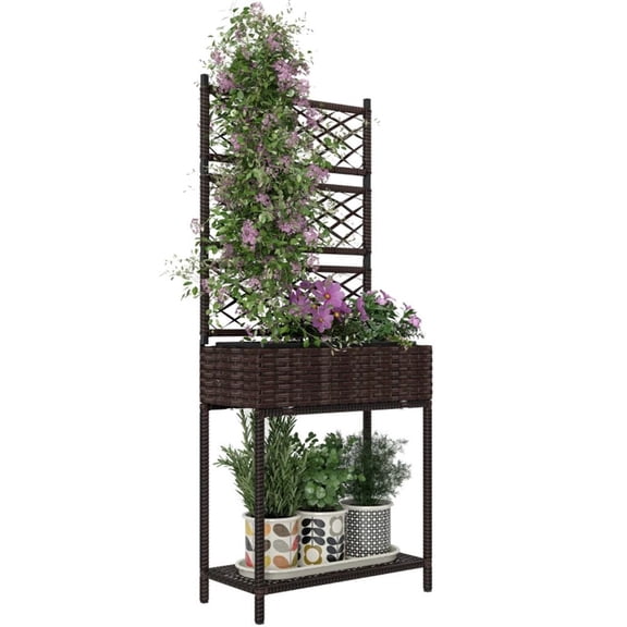 Brown 25L Outdoor Garden Bed Planter Box Durable Powder-Coated Metal Frame Climbing Plant Trellis & Storage Shelf Weather-Resistant Planting Container for Patio Balcony