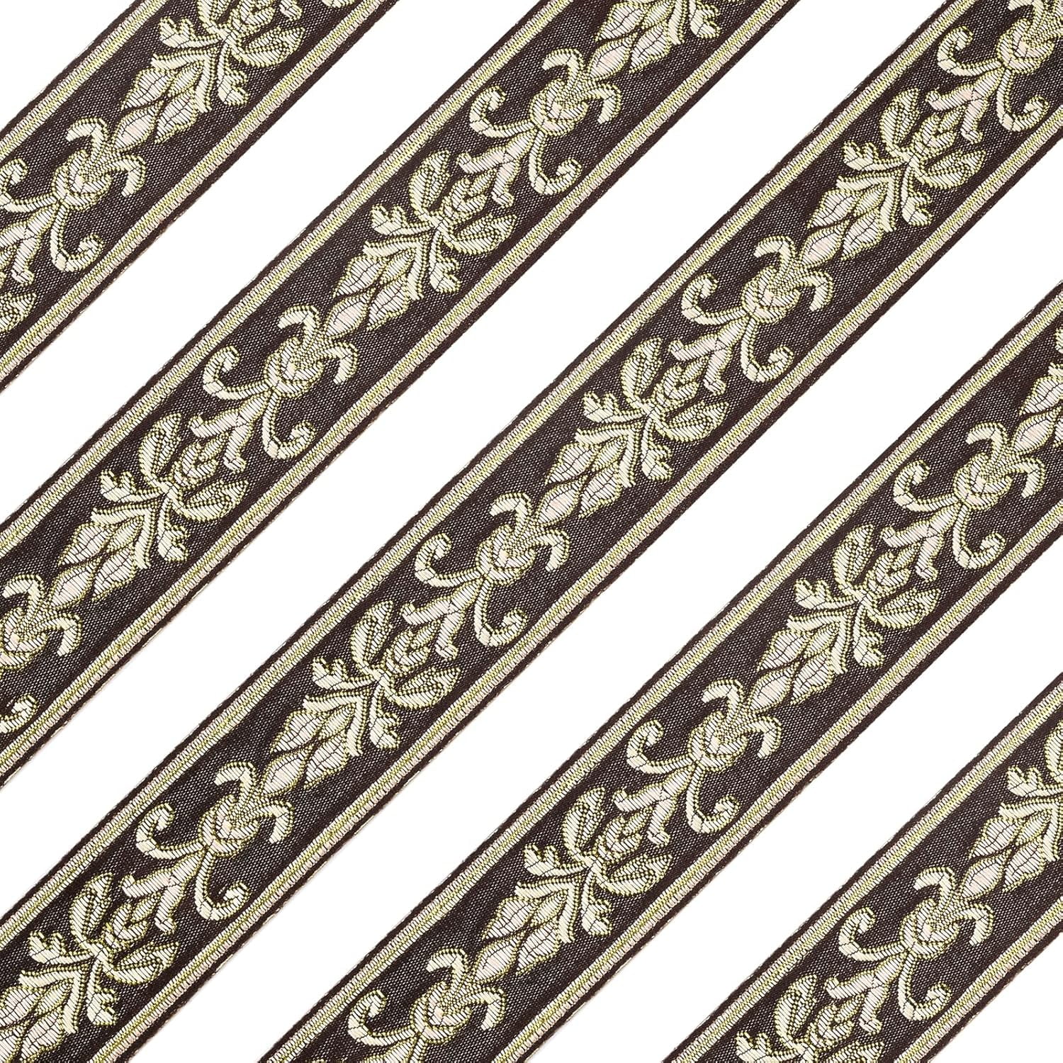 Brown 27 Yard 1.18 Inch Vintage Jacquard Ribbon Coconut Brown Emobridered Woven Trim Gold Floral Webbing Ribbon for DIY Clothing Accessories Embellishment Decorations