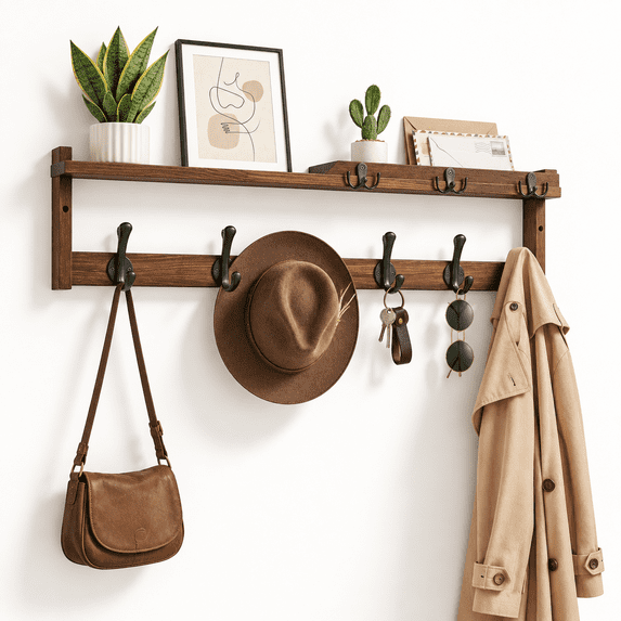 29 Inches Brown 29 Inch Long 4-in-1 Wall Mount Coat Rack with Key Holder and Mail ...