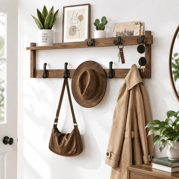 Wall Tech Rack Brown 29 Inch Long 4-in-1 Wall Mount Solid Wood Coat Rack with Key ...