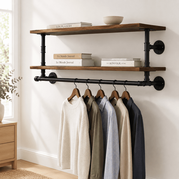 Brown 2T36IN Wall Mounted 2 Tier Heavy Duty Real Wood Garment Clothes Rack