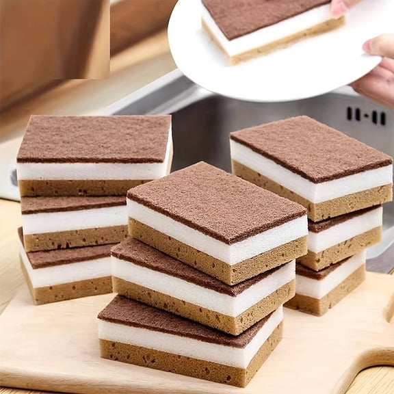 Brown 3-Layer Double-Sided Dual-Effect Magic Sponge Strong Cleaning Kitchen Bathroom Scouring Pad Dishwashing Sponge