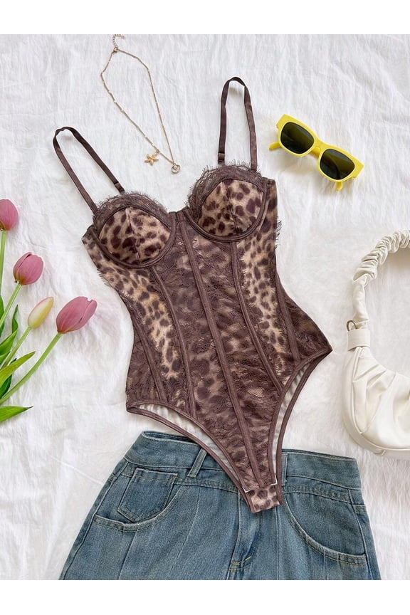 Brown-3 Leopard Print Lace Bustier Bodysuit With Spaghetti Straps