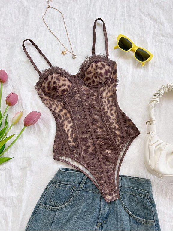 Brown-3 Leopard Print Lace Bustier Bodysuit With Spaghetti Straps