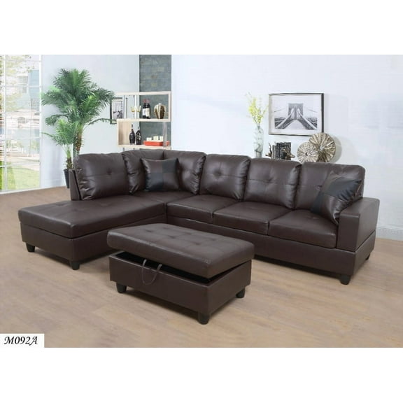 Brown 3 PC Sectional Sofa Set - Faux Leather Right-Facing Chaise & Free Storage Ottoman (Overall: 103" x 73.5" x 32" high; Ottoman: 34" x 24" x 15.5" high)
