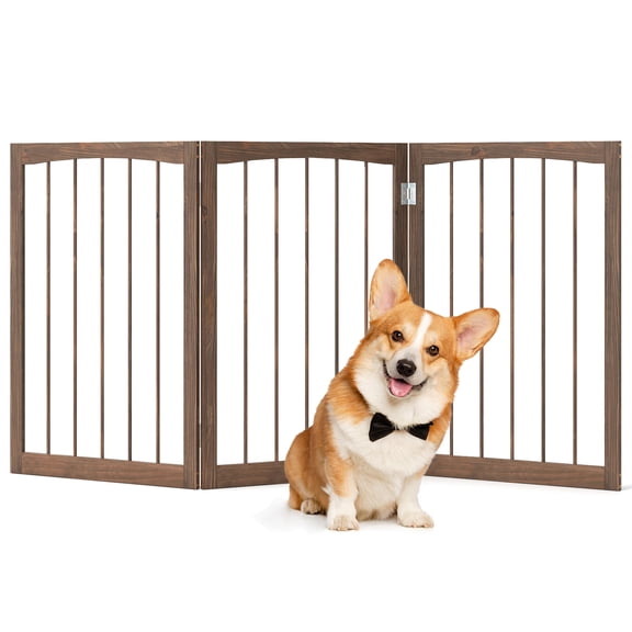 Brown 30 Inch Tall Fir Wood Pet Fence Panels, Use As Indoor Room Divider, Freestanding Safety Barrier for Cats, Puppies & Medium Dogs, Configurable Foldable Wooden Pet Isolation Gate