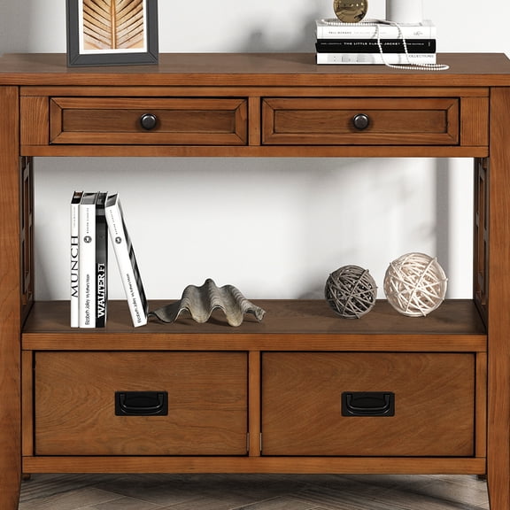 Brown 36'' Farmhouse Entry Table | Store Sundries in Drawers in Hall | Retro Round & Modern Hidden Handles