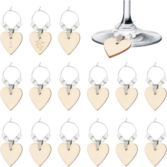 Brown 36PCS Heart Wooden Wine Charms DIY Blank Wine Glass Identifier Tags with Pearl Decoration for Party Birthdays Holiday Wedding