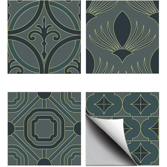 Brown 36pcs 4 Styles Vintage Gold Border Decorative Flowers Tile Stickers Waterproof Tile Stickers Square with Flower Pattern for Kitchen Bathroom Bedroom Wall Fireplace Floor Decoration