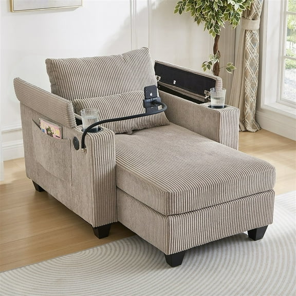 Brown 37.4" Convertible Chaise Lounge - USB, Cup Holders & Ample Storage