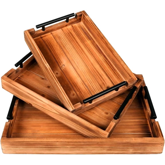 Brown 3Pc Nesting Wood Serving Trays For Coffee Table, Breakfast, Party, Ottoman