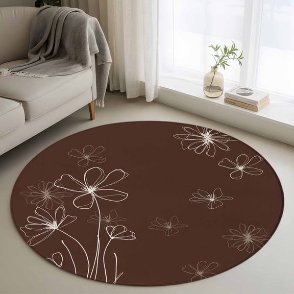 Brown 3ft Area Rug, Spring Flora Washable Non-Slip Small Round Rugs for Entryway Bedroom Kitchen, Soft Circle Carpet for Dining Room, Playroom Nursery Rug Modern Abstract Art Pastoral
