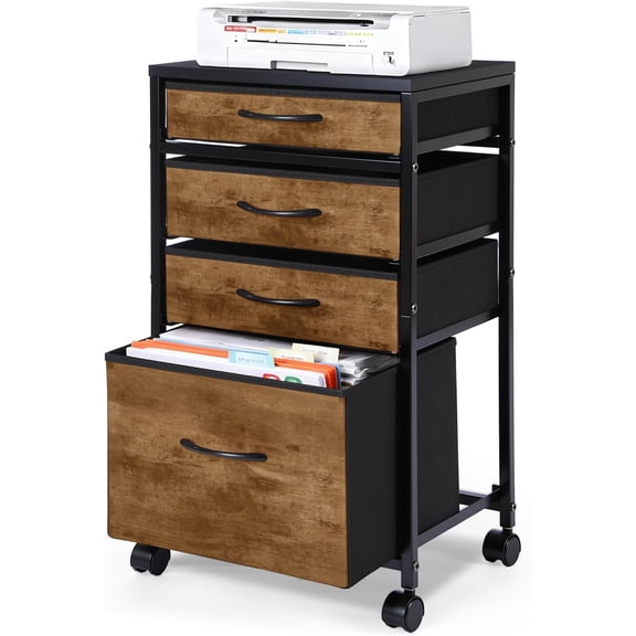Brown 4-Drawer Rolling File Cabinet and Mobile Printer Stand, Fabric Vertical Filing Cart for A4/Letter Size