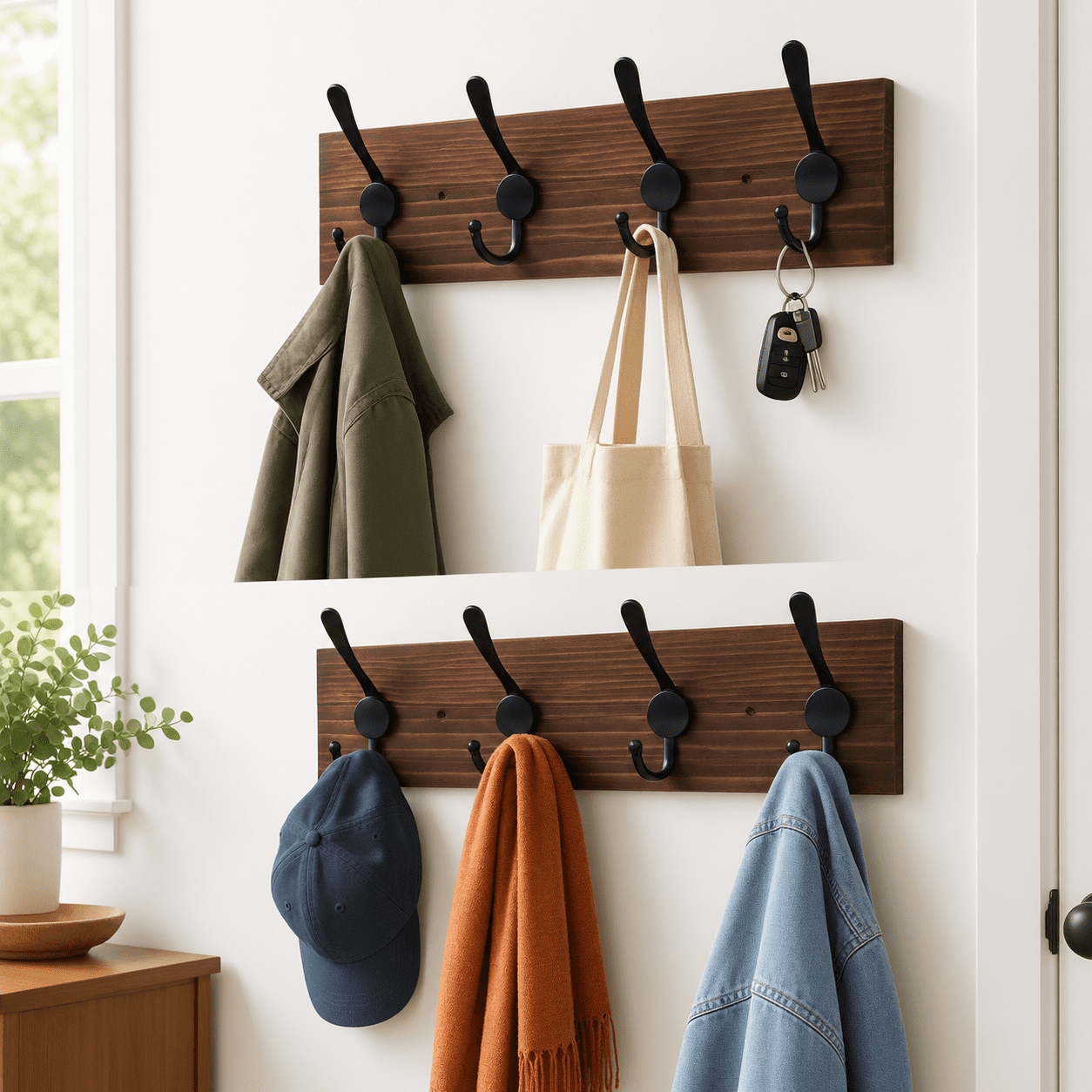 Metal Coat R Rack Brown 4 Hooks x2 Solid Pine Wood Wall Mounted Coat Rack with 8 Metal ...