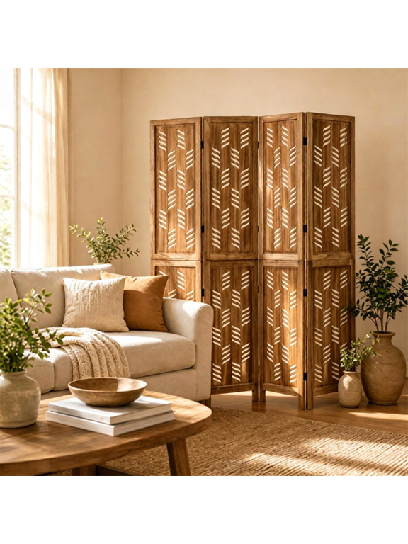 Brown 4-Panel Folding Room Divider, Paulownia Wood Privacy Screen with Wave Cutout Pattern, 180 Flexible Hinges Freestanding Partition for Home Office Bedroom