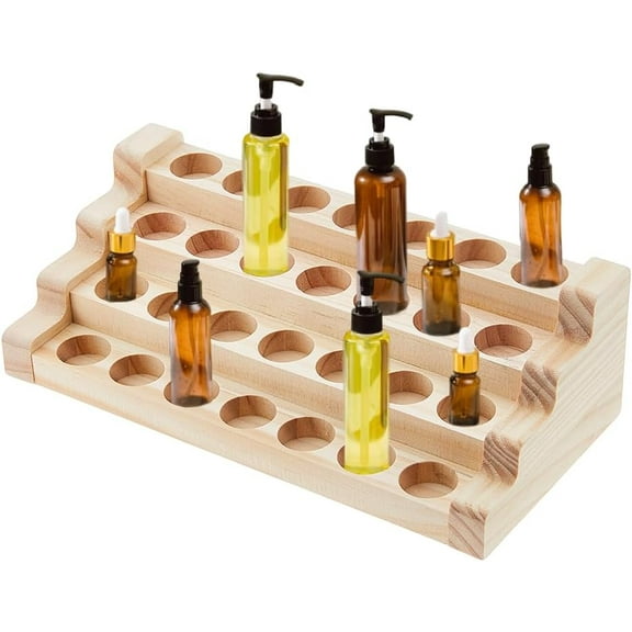 Brown 4 Tier Wooden Essential Oil Display Stand 28 Slots Essential Oil Organizer Essential Oil Holder Stand 22mm Hole Essential Oils Perfume Storage Racks22.5x10.8x7cm