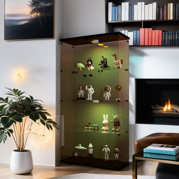 Brown 4-shelf Glass Display Case With Two Doors, Lighting, 12 Color Choices Remote, 5mm Tempered Glass, Solid Wood Cover Boards, 66.21”h X 32.49”l 14.62”w 4 Shelves And Via Wood,