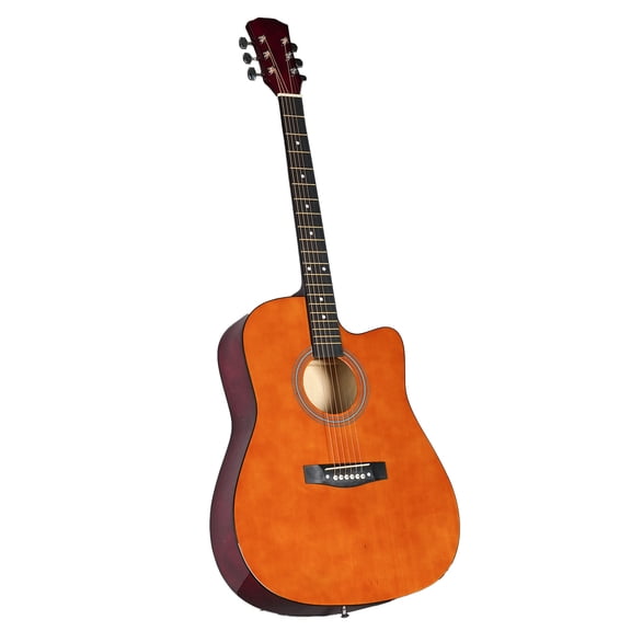Brown 41-inch Dreadnought barrel-shaped cutaway acoustic guitar with pick, strings, capo, gig bag, tuner, wrench tool, and shoulder strap