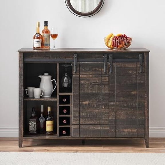 Brown 47 Inch Sliding Barn Door Wine Bar Cabinet, Sideboard Buffet with 16 Bottle Wine Storage Rack