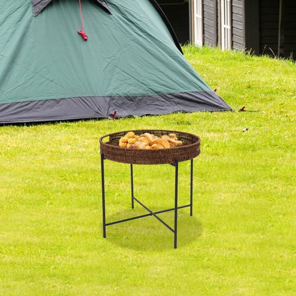 Brown 48*48*42cm Foldable Picnic Table Portable Outdoor Round Table Woven Coffee Table With Tray