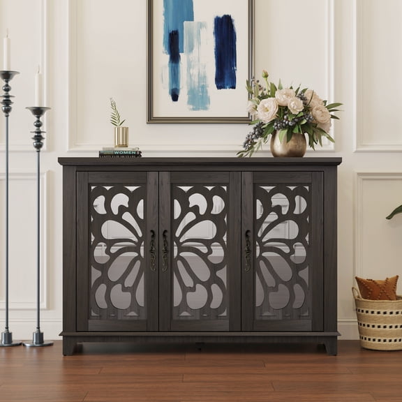 Brown 49.33"x15.55" Mirrored 3-Door Sideboard with Adjustable Shelves for Living Room