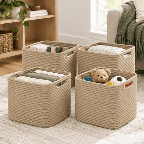 Brown 4Pack-12 X 12 X 12 Inch Woven Cotton Rope Storage Baskets ...