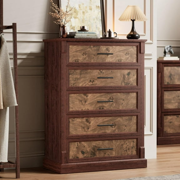 Brown 5 Drawer Dresser for Bedroom, Farmhouse Tall Chest of Drawers with Metal Handles, Rustic Wooden Dresser for Living Room, Hallway