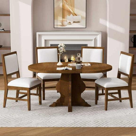 Brown 5-Piece Farmhouse Dining Set, Extendable Table with 15.7" Leaf & 4 Upholstered Chairs