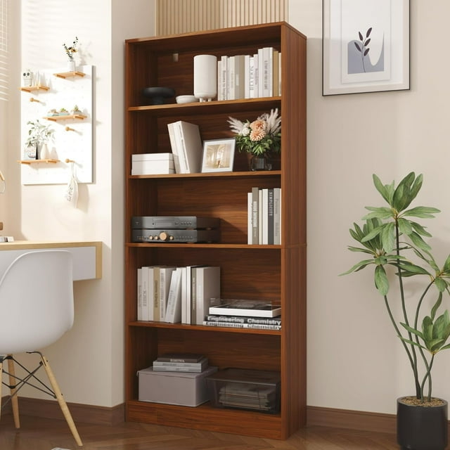 Brown 5 Tier Book Shelf, 71" Tall Large Bookshelf, Standing Wood Display Book Shelf for Living Room, Office, Library
