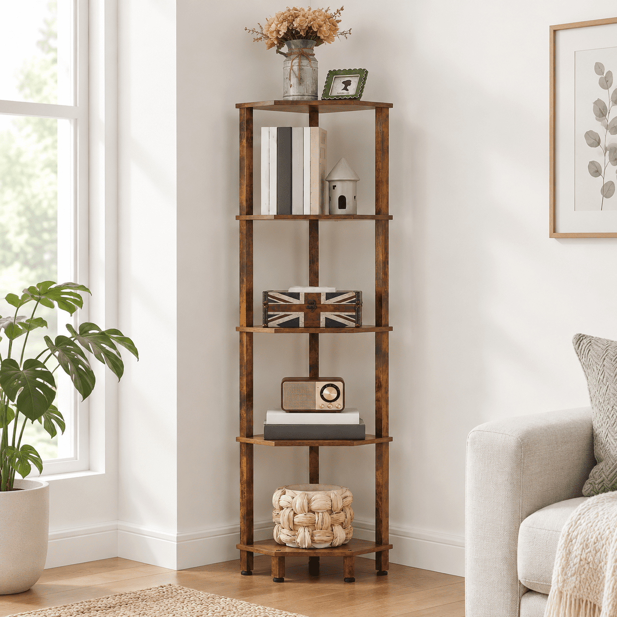 Brown 5 Tier Corner Shelf Unit, Vertical Storage for Small Spaces ...