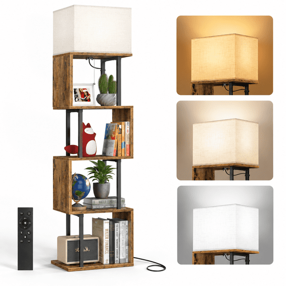 Brown 5-Tier S-Shaped Floor Lamp With Shelves, Remote Dimmable Standing Light for Living Room Bedroom Office